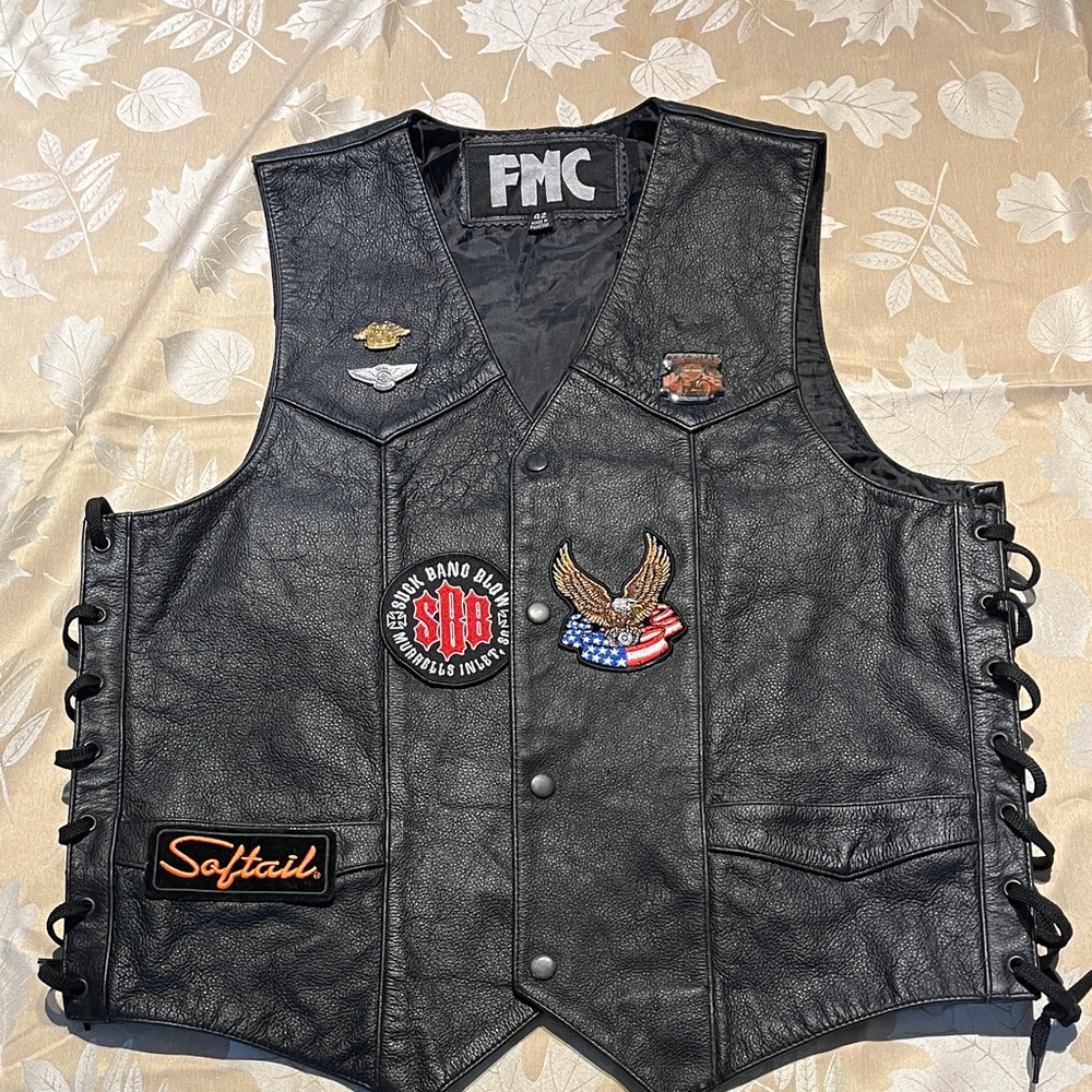 Men's Black Leather Vest with Patches